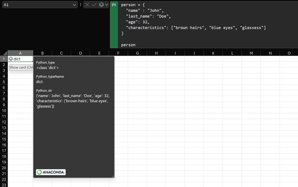 An example of Dictionary using Python in Excel