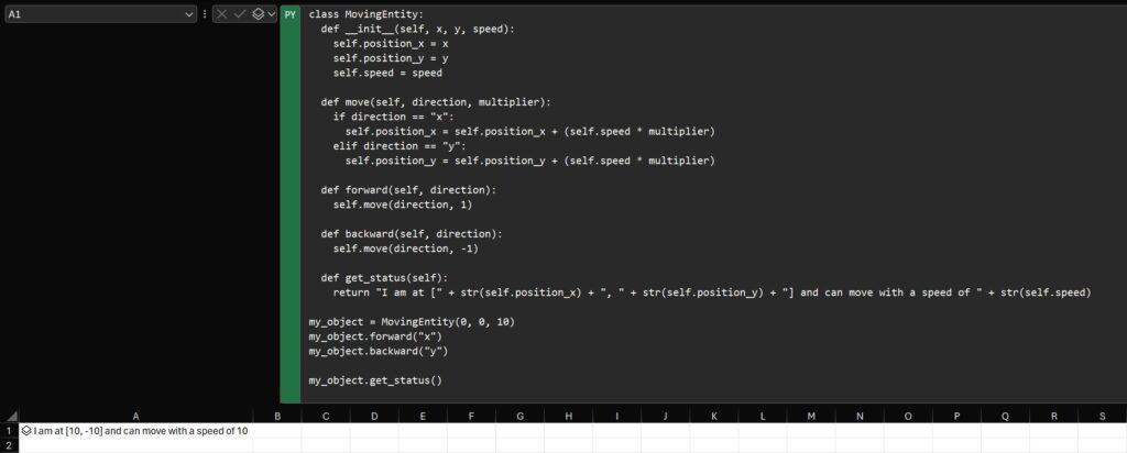 Python in Excel Class definition