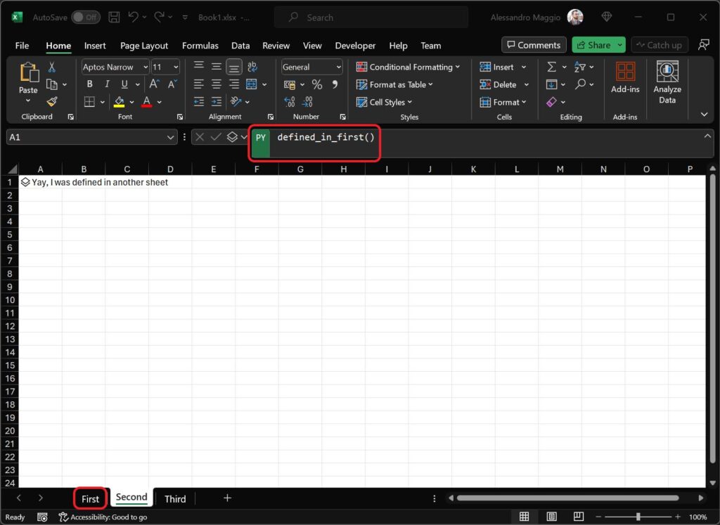 We can use functions defined in other parts of the Excel file with Python if we are sure they are defined in previous sheets or cells