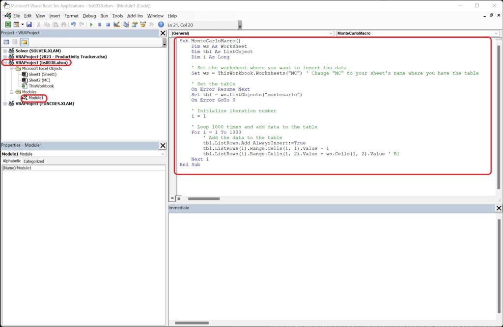 The VBA code for our Monte Carlo Model